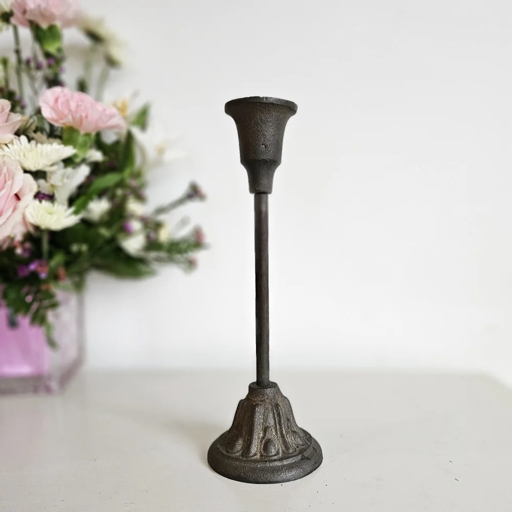 Antique Wrought Cast Iron Goth Candlestick Pillar CandleHolder & Green Candle